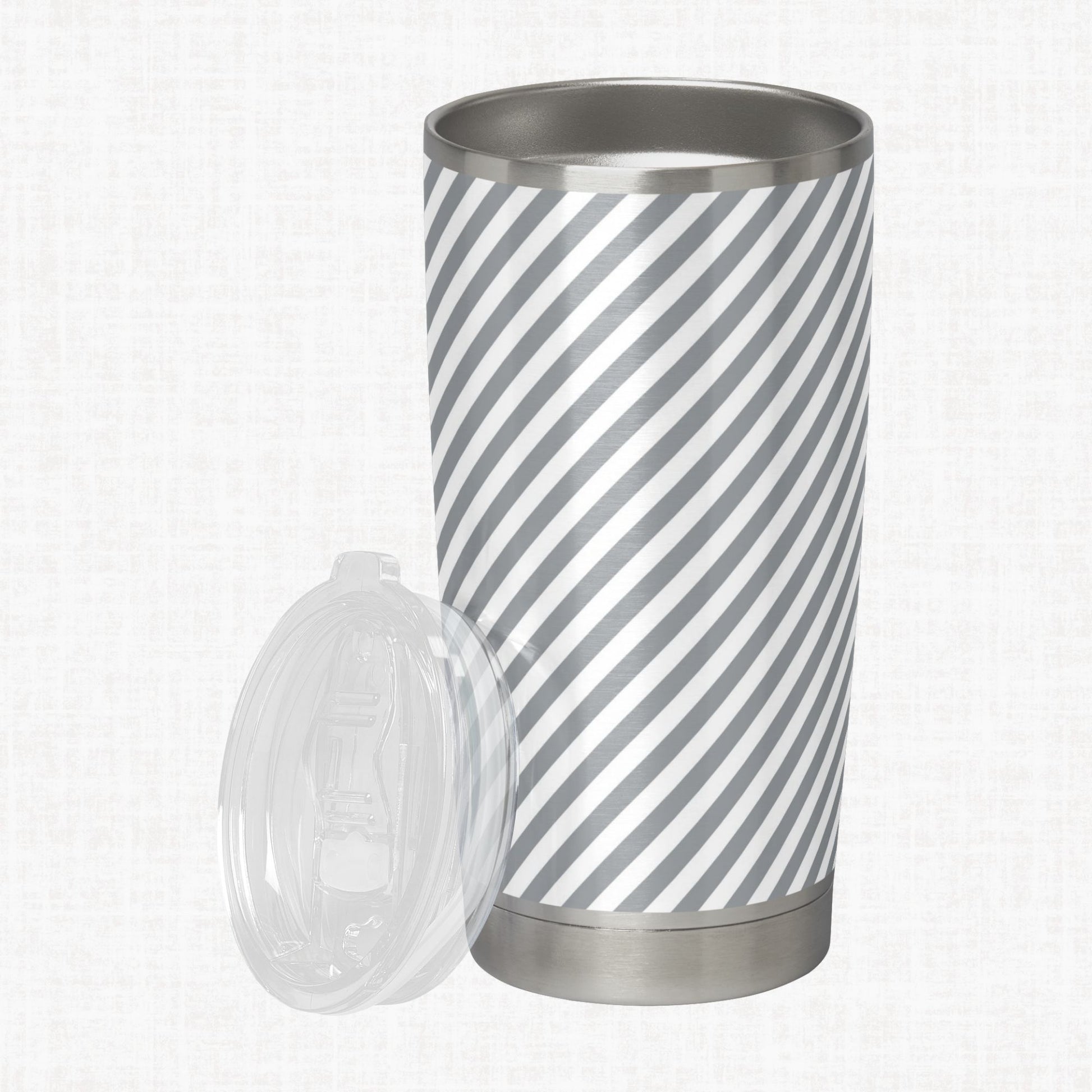 Grey and white striped tumbler as a craft-use example for the seamless stripe paper pack.