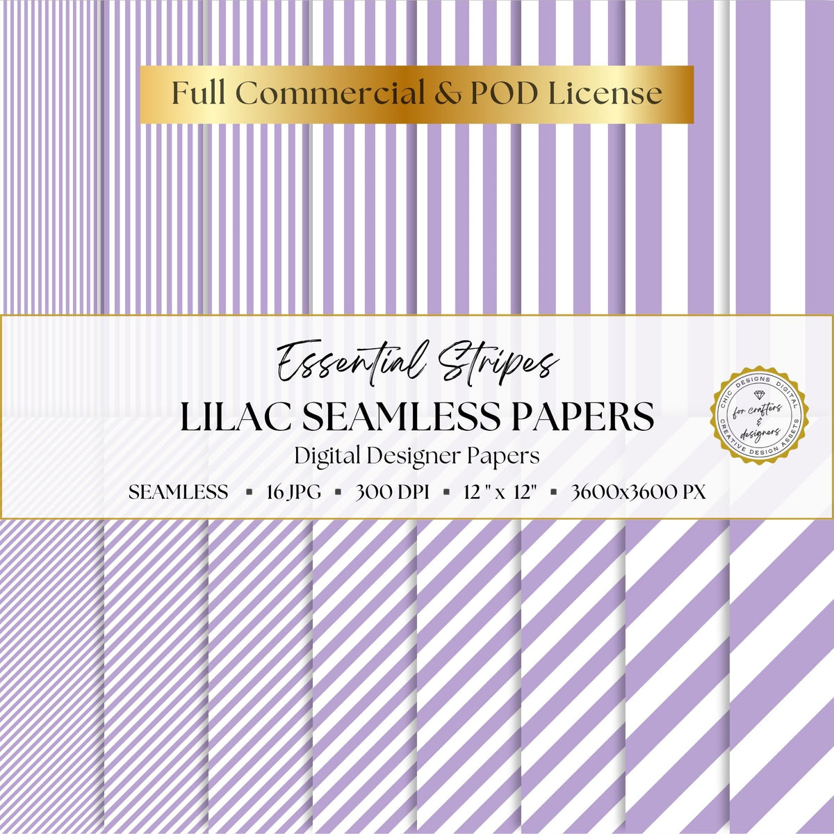 Lilac and white Essential Stripes digital paper pack with 16 seamless straight and diagonal stripe patterns, 12 x 12 inch 300 DPI JPG files.