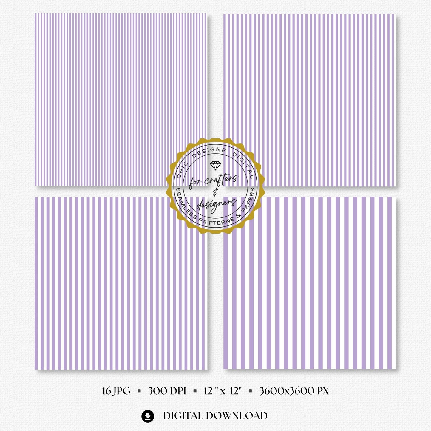 Soft lilac and white fine straight stripe digital papers in narrow and medium repeating widths.