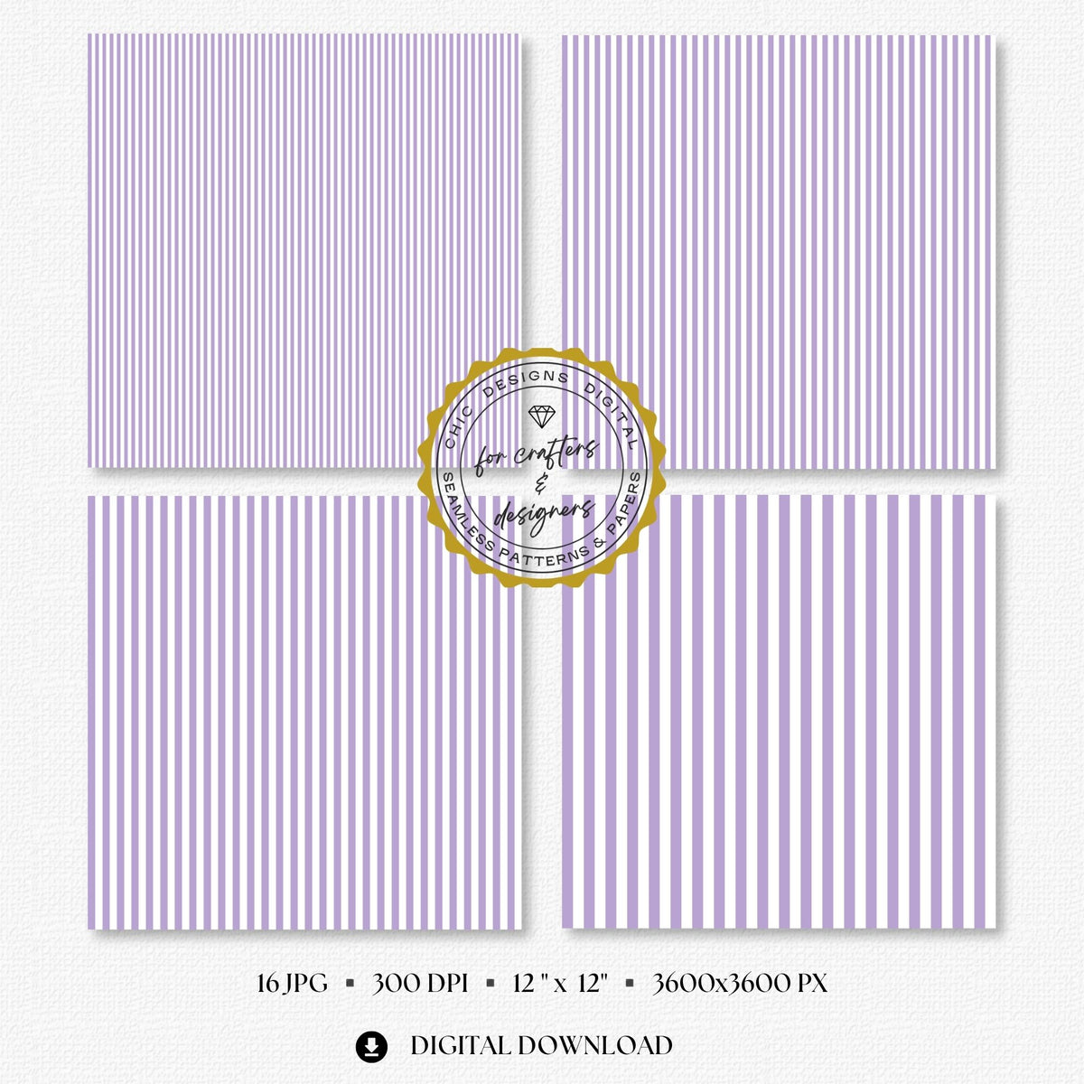 Soft lilac and white fine straight stripe digital papers in narrow and medium repeating widths.