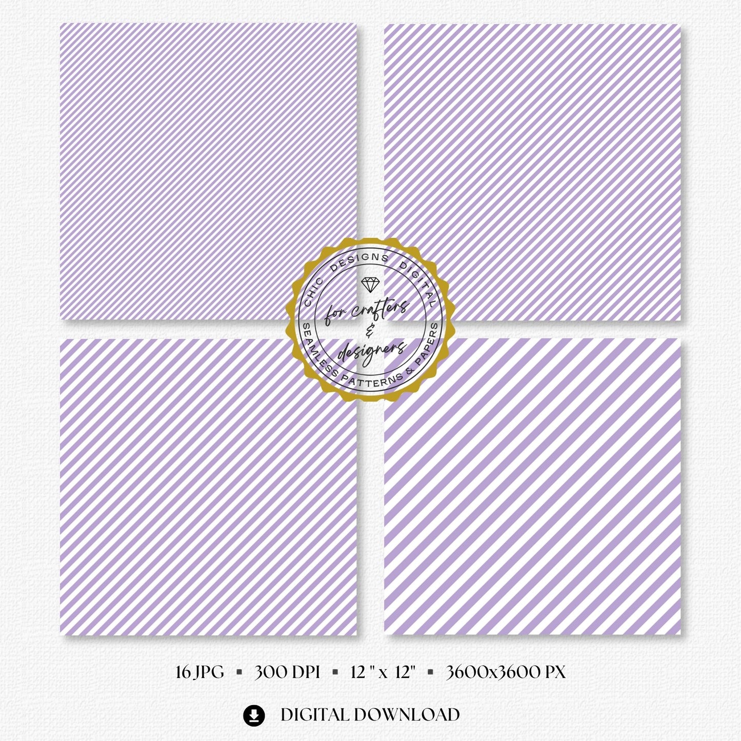 Soft lilac and white fine diagonal stripe digital papers in narrow and medium angled widths.