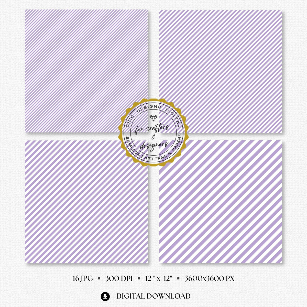 Soft lilac and white fine diagonal stripe digital papers in narrow and medium angled widths.