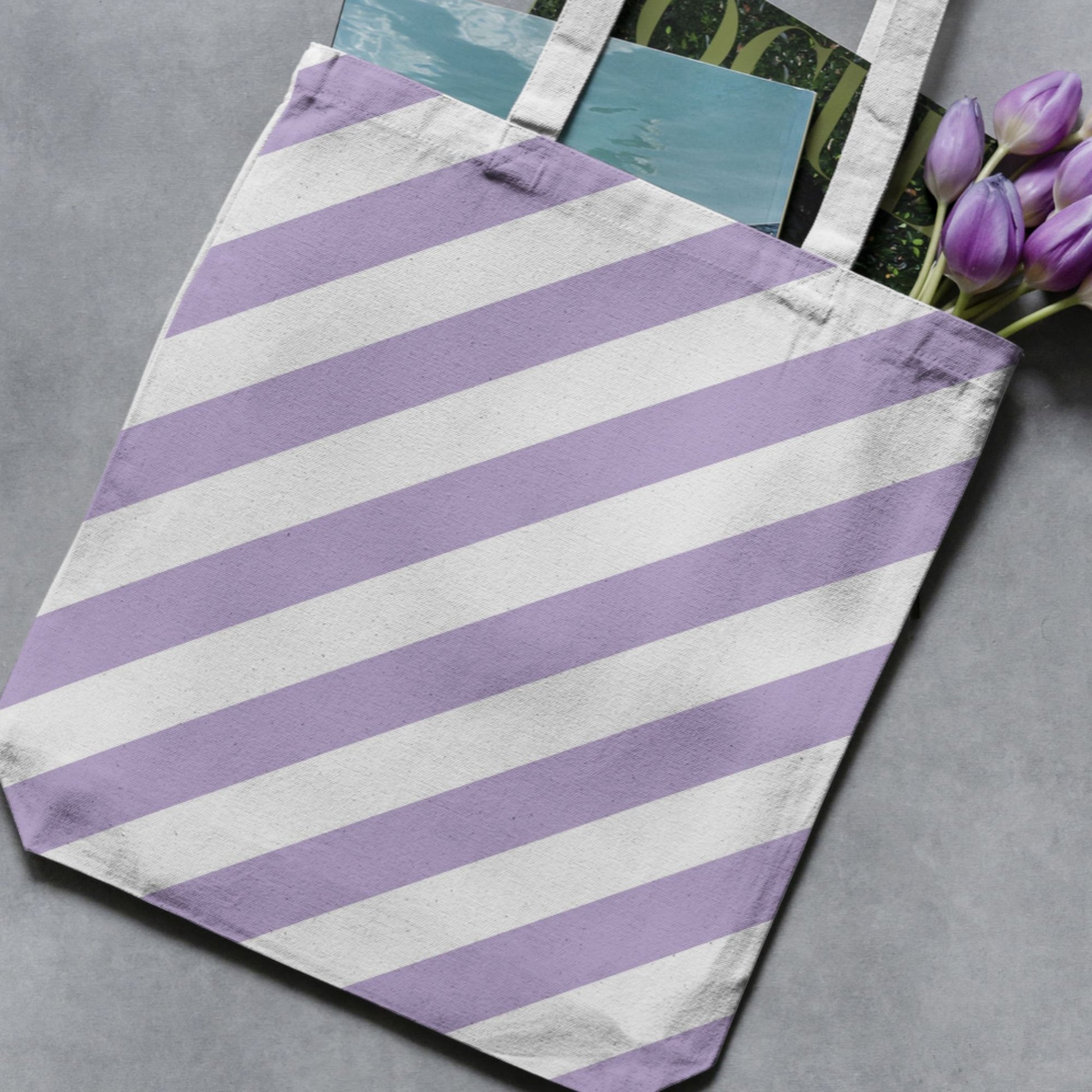 Lilac and white striped tote bag as a craft-use example for the seamless stripe paper pack.