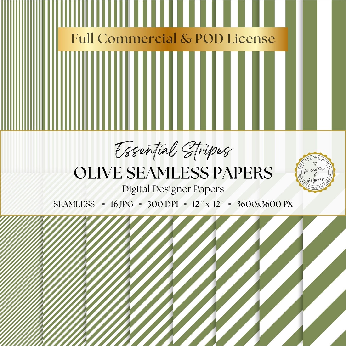 Olive and white Essential Stripes digital paper pack with 16 seamless straight and diagonal stripe patterns, 12 x 12 inch 300 DPI JPG files.