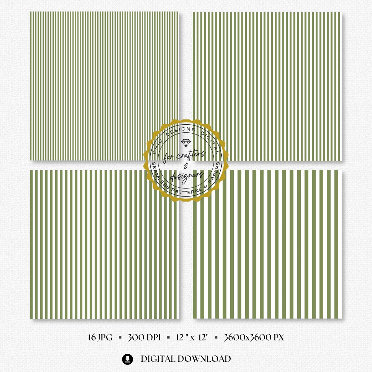 Earthy olive green and white fine straight stripe digital papers in narrow and medium repeating widths.