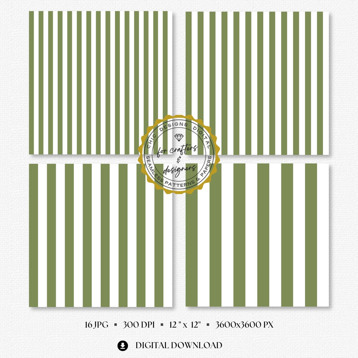Earthy olive green and white bold straight stripe digital papers with wider repeating bands.