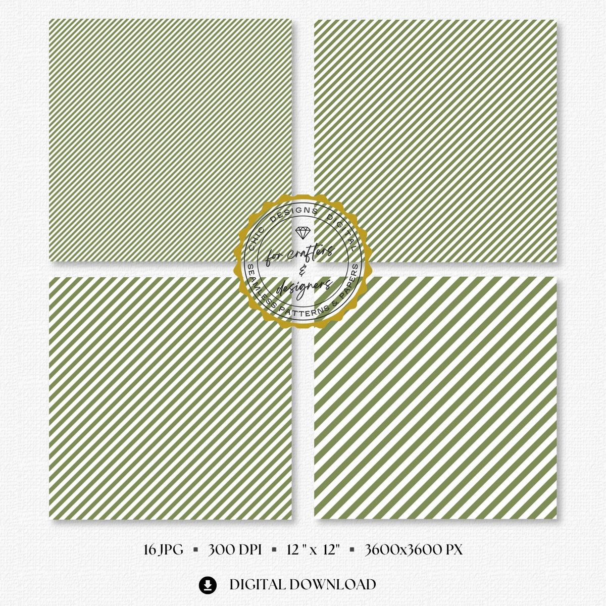 Earthy olive green and white fine diagonal stripe digital papers in narrow and medium angled widths.