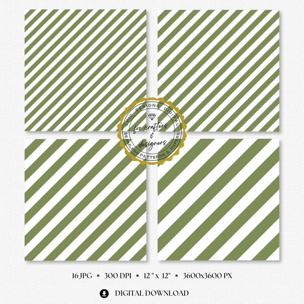 Earthy olive green and white bold diagonal stripe digital papers with wider angled bands.
