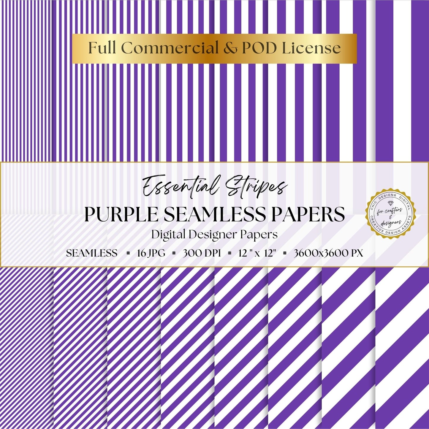 Purple and white Essential Stripes digital paper pack with 16 seamless straight and diagonal stripe patterns, 12 x 12 inch 300 DPI JPG files.