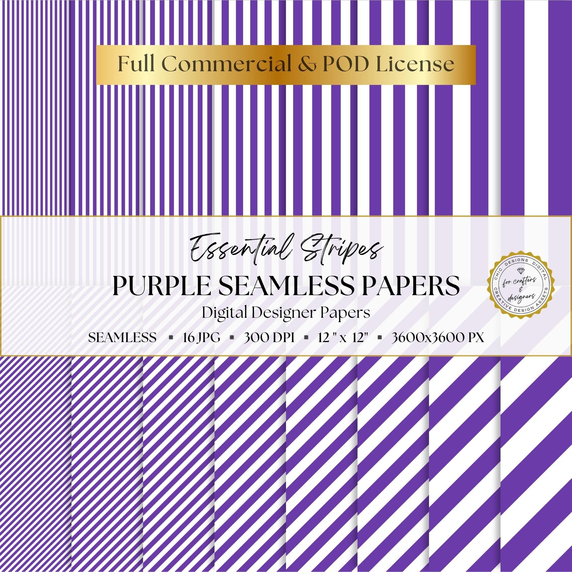 Purple and white Essential Stripes digital paper pack with 16 seamless straight and diagonal stripe patterns, 12 x 12 inch 300 DPI JPG files.