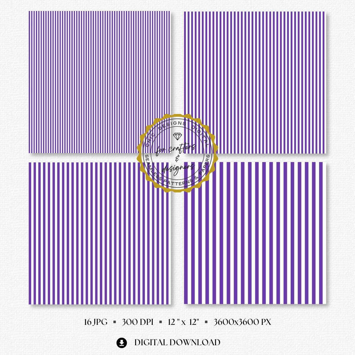 Rich purple and white fine straight stripe digital papers in narrow and medium repeating widths.