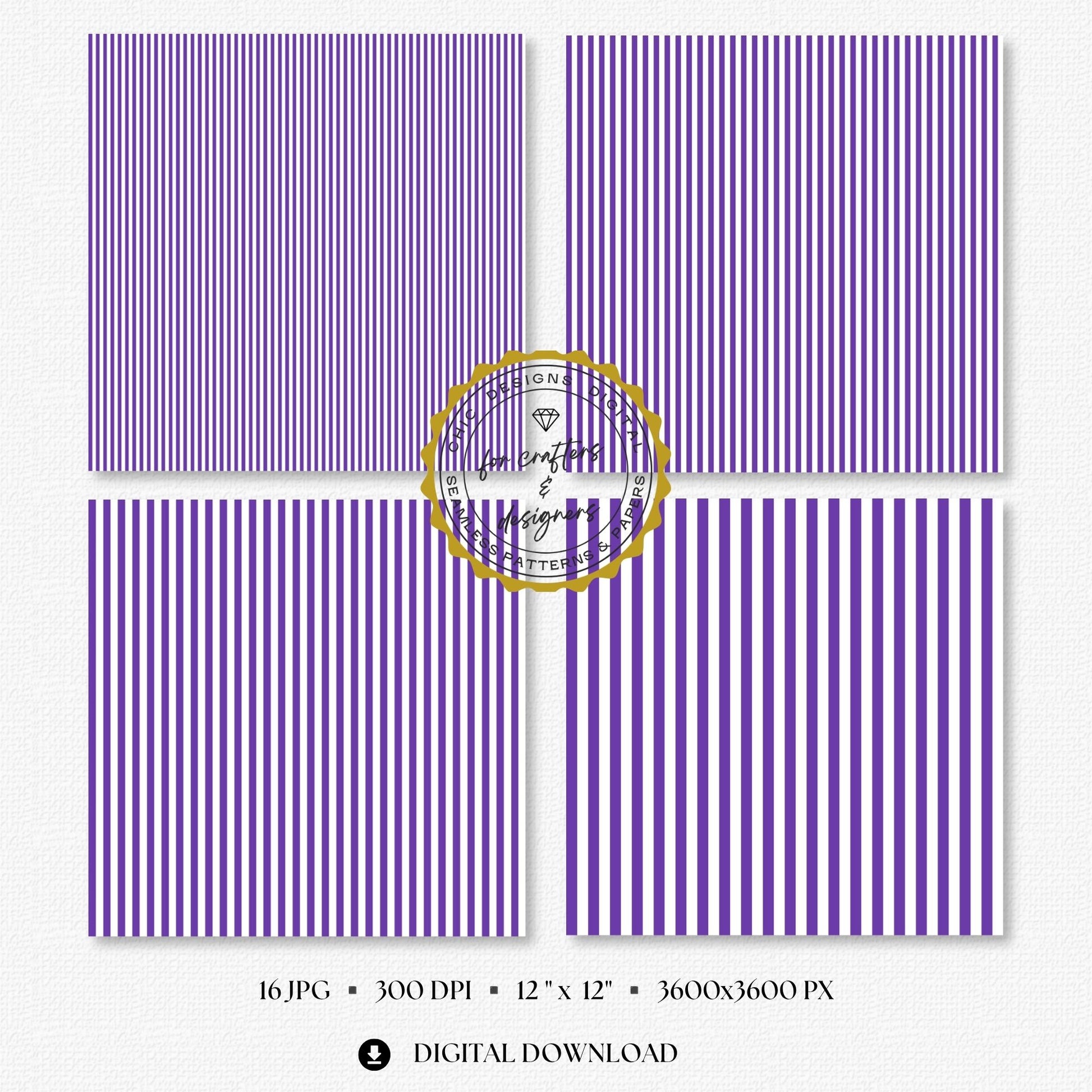 Rich purple and white fine straight stripe digital papers in narrow and medium repeating widths.
