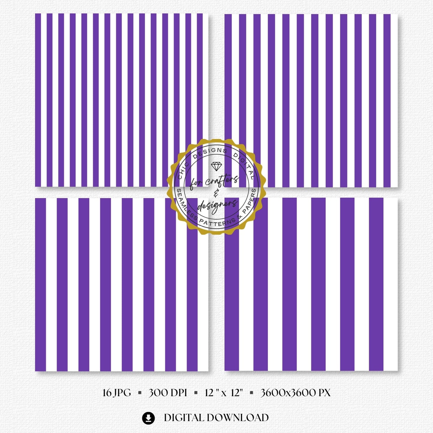 Rich purple and white bold straight stripe digital papers with wider repeating bands.
