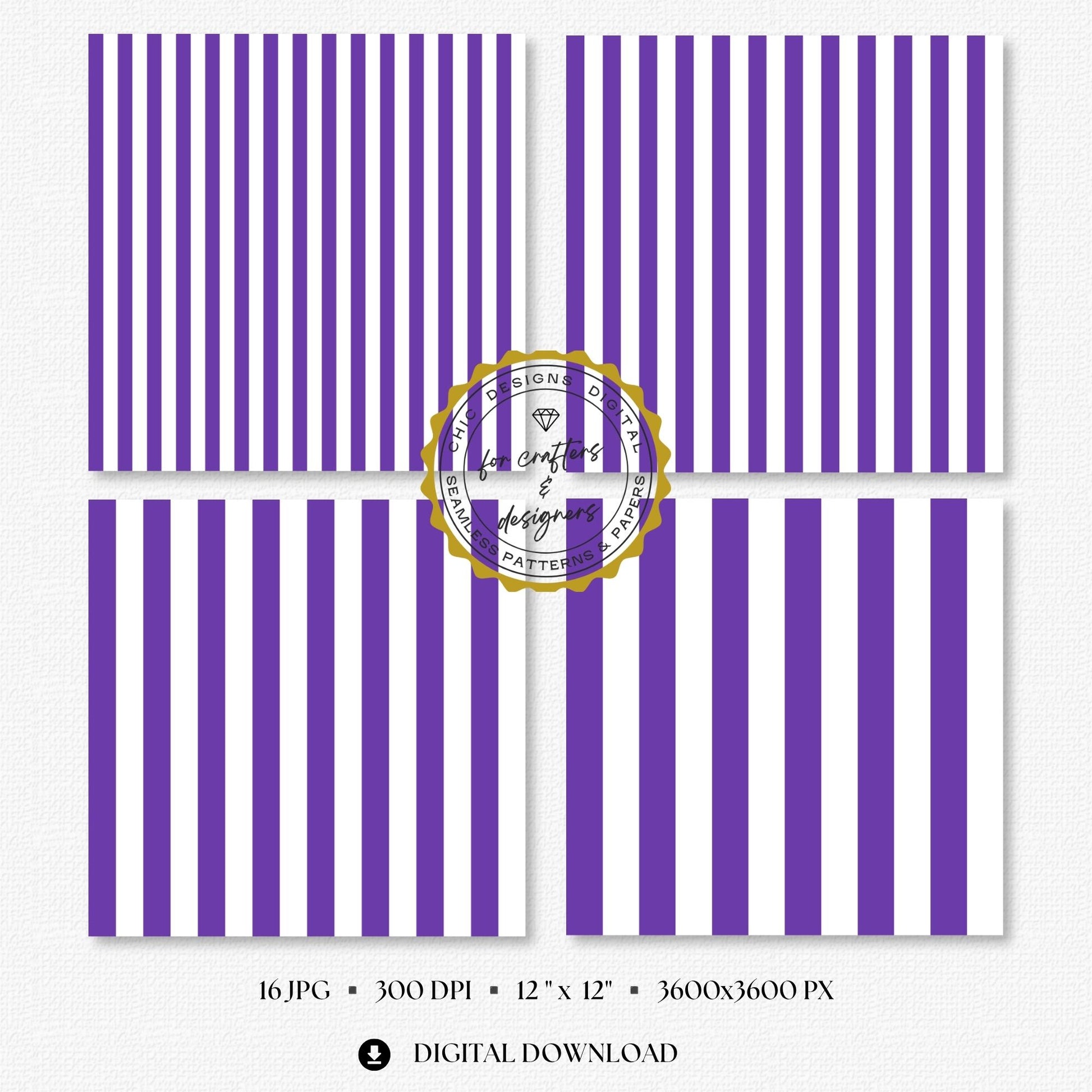 Rich purple and white bold straight stripe digital papers with wider repeating bands.