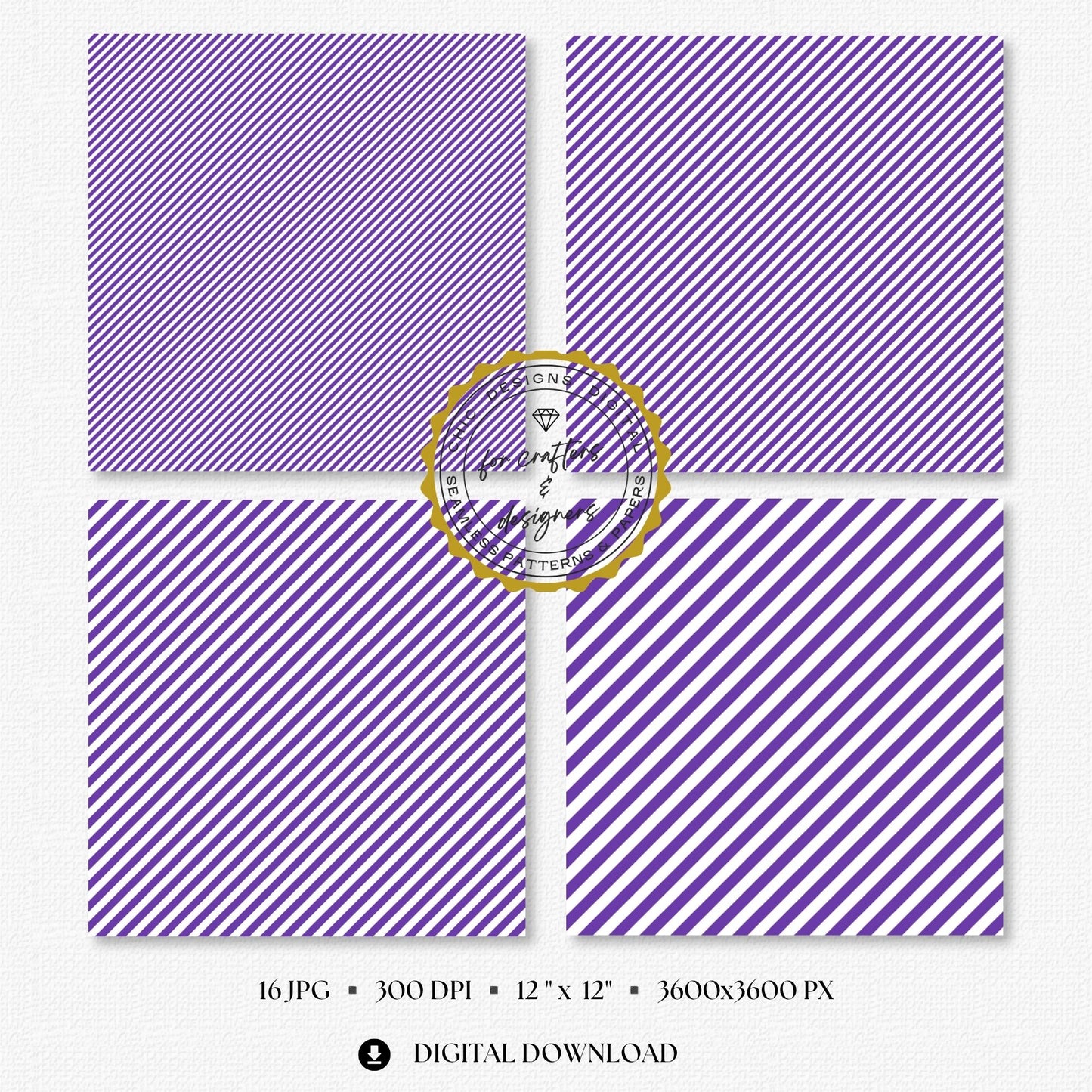 Rich purple and white fine diagonal stripe digital papers in narrow and medium angled widths.