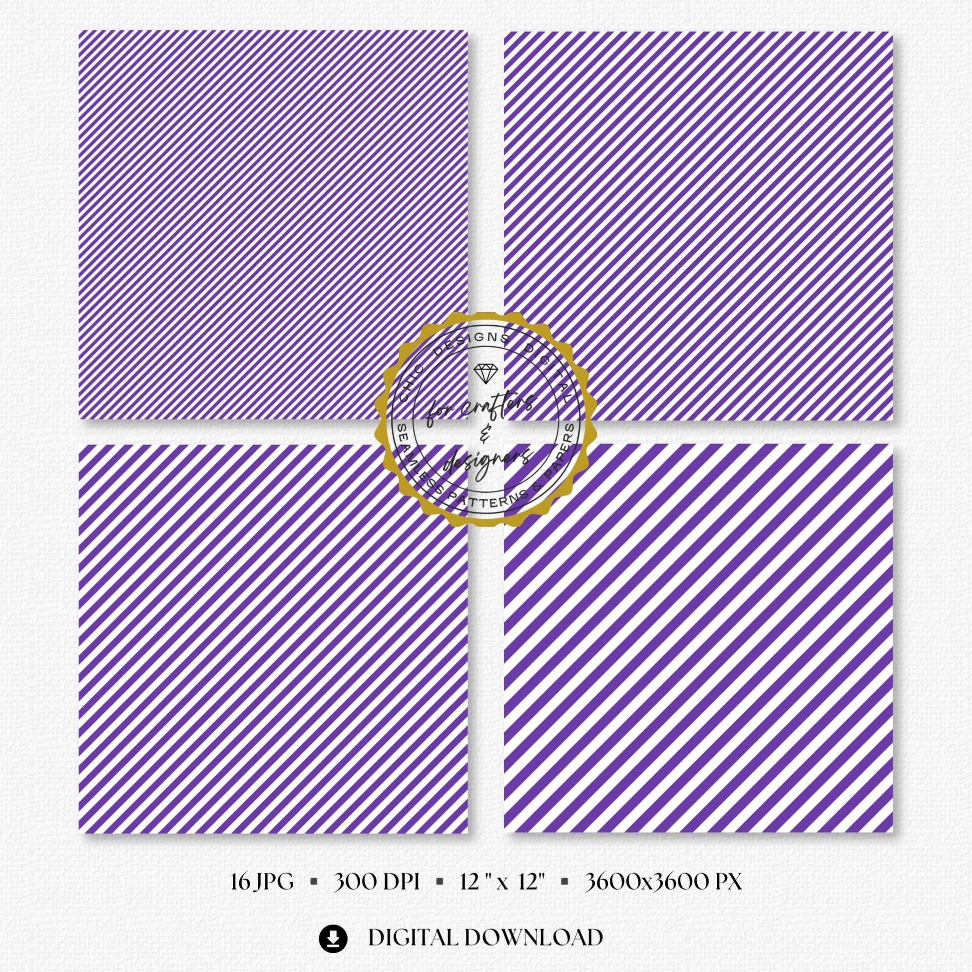 Rich purple and white fine diagonal stripe digital papers in narrow and medium angled widths.