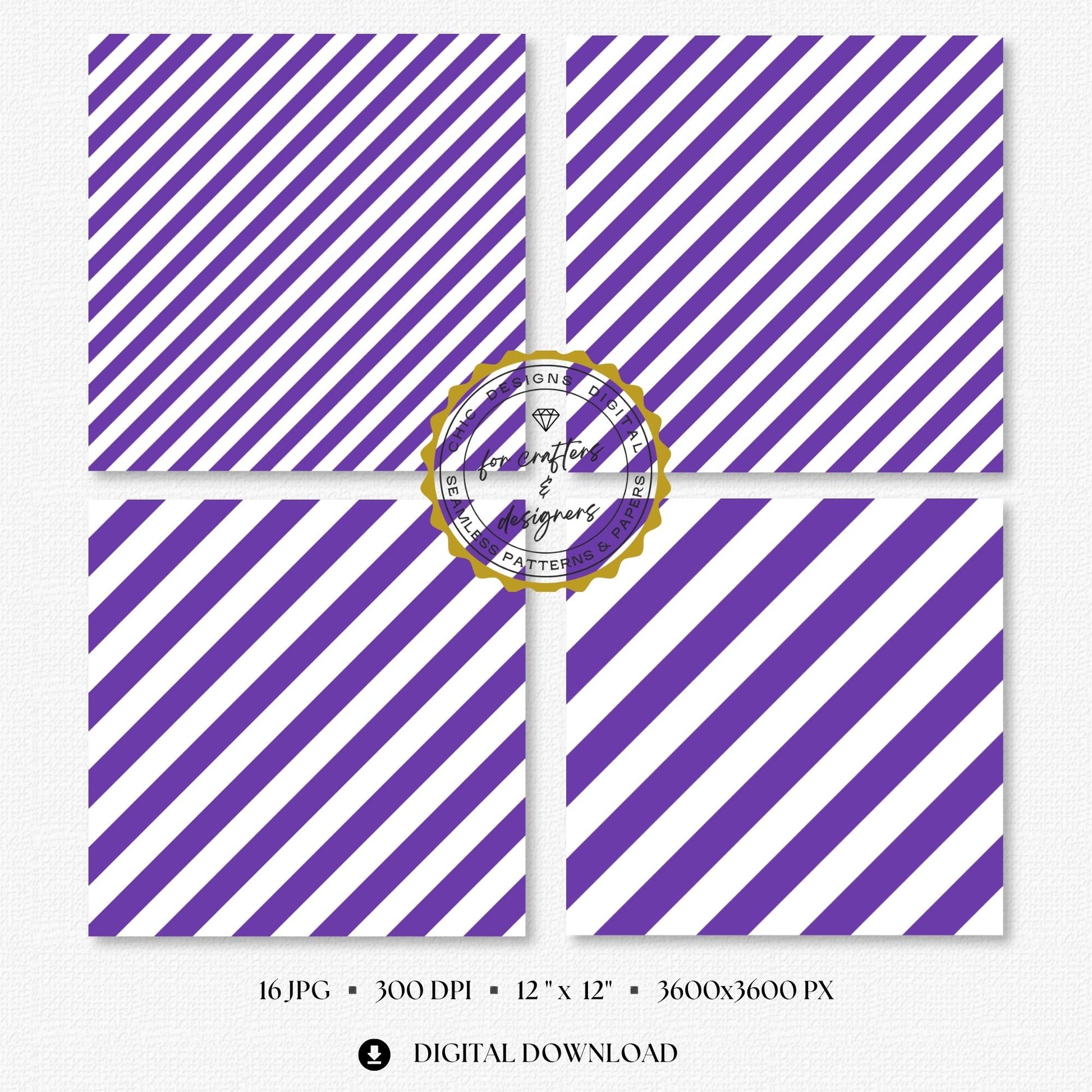 Rich purple and white bold diagonal stripe digital papers with wider angled bands.