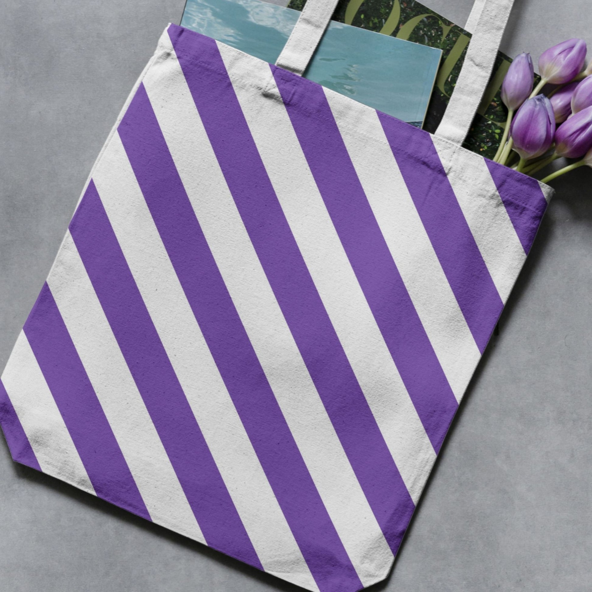 Purple and white striped tote bag as a craft-use example for the seamless stripe paper pack.