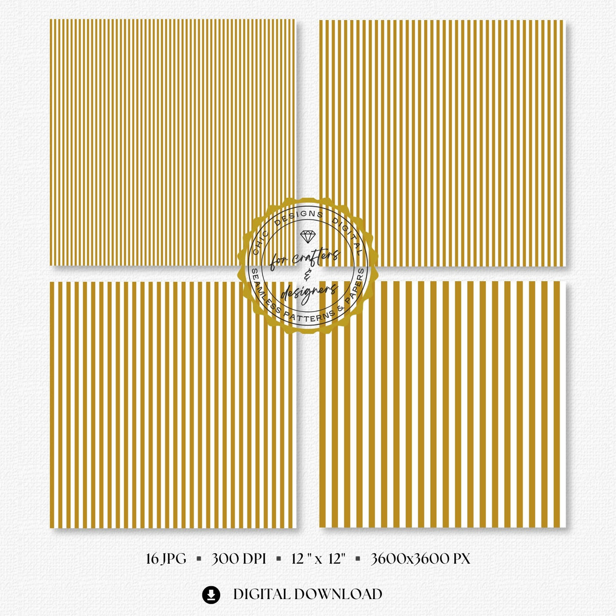 Warm mustard and white fine straight stripe digital papers in narrow and medium repeating widths.