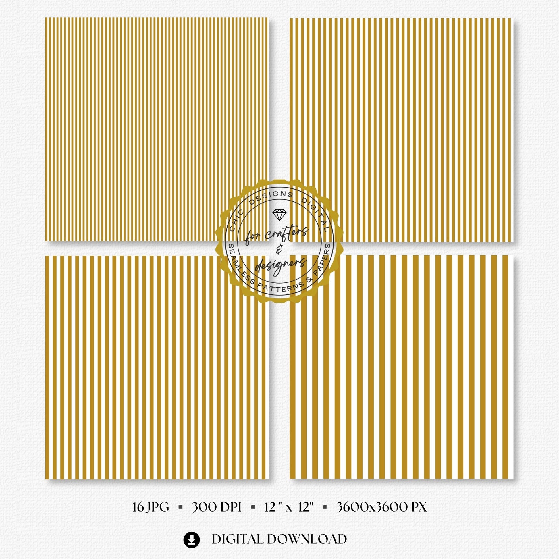 Warm mustard and white fine straight stripe digital papers in narrow and medium repeating widths.