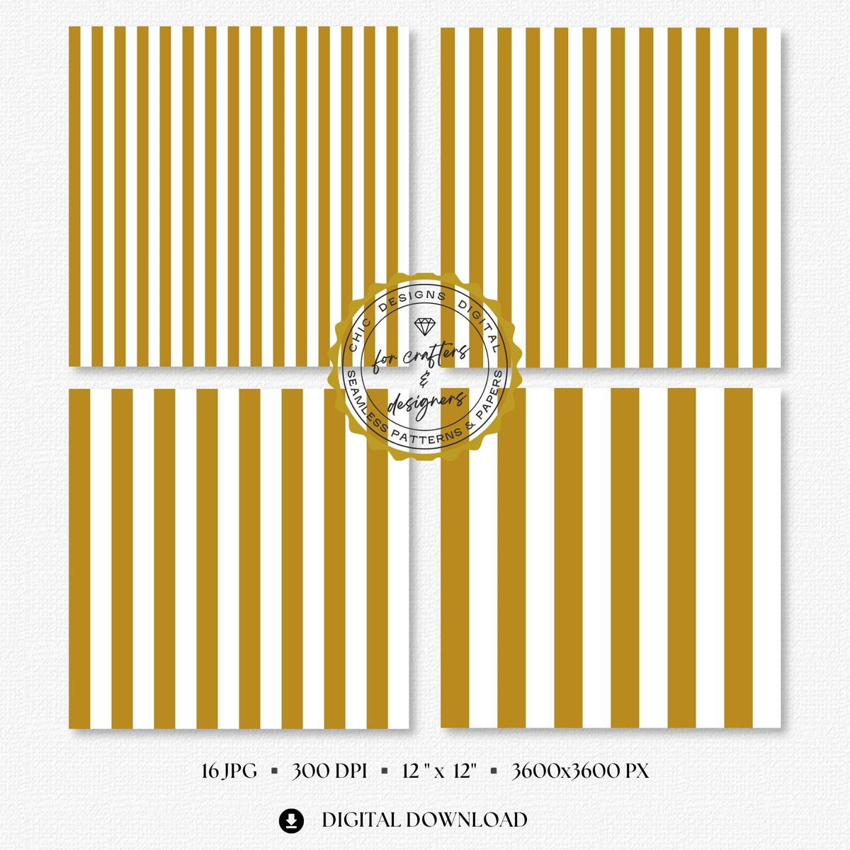Warm mustard and white bold straight stripe digital papers with wider repeating bands.