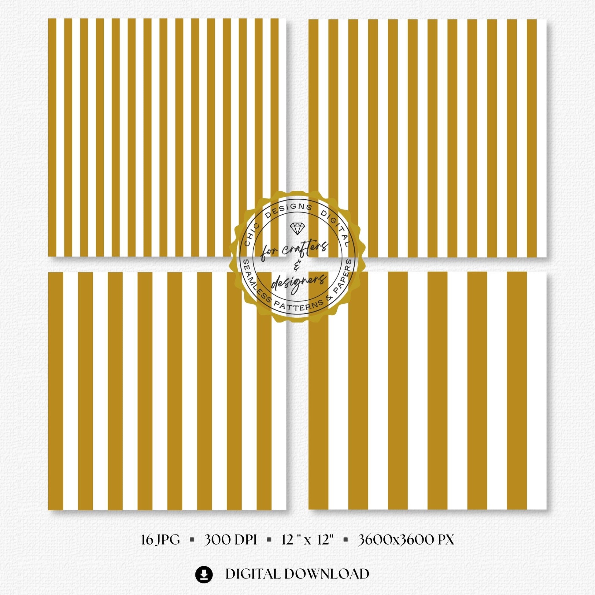 Warm mustard and white bold straight stripe digital papers with wider repeating bands.