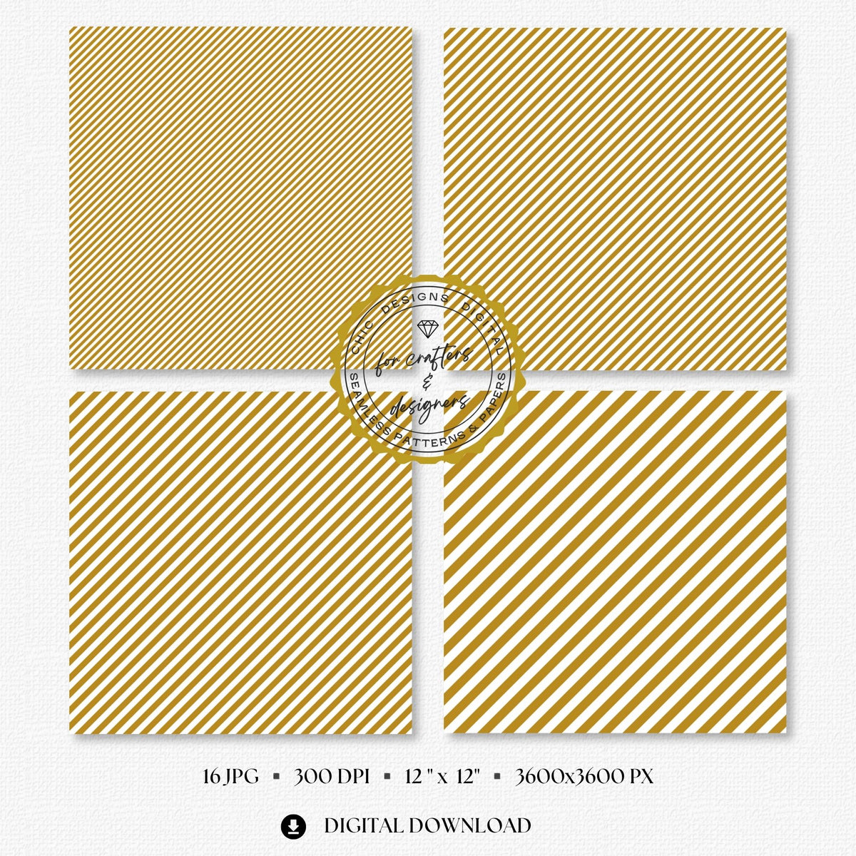 Warm mustard and white fine diagonal stripe digital papers in narrow and medium angled widths.