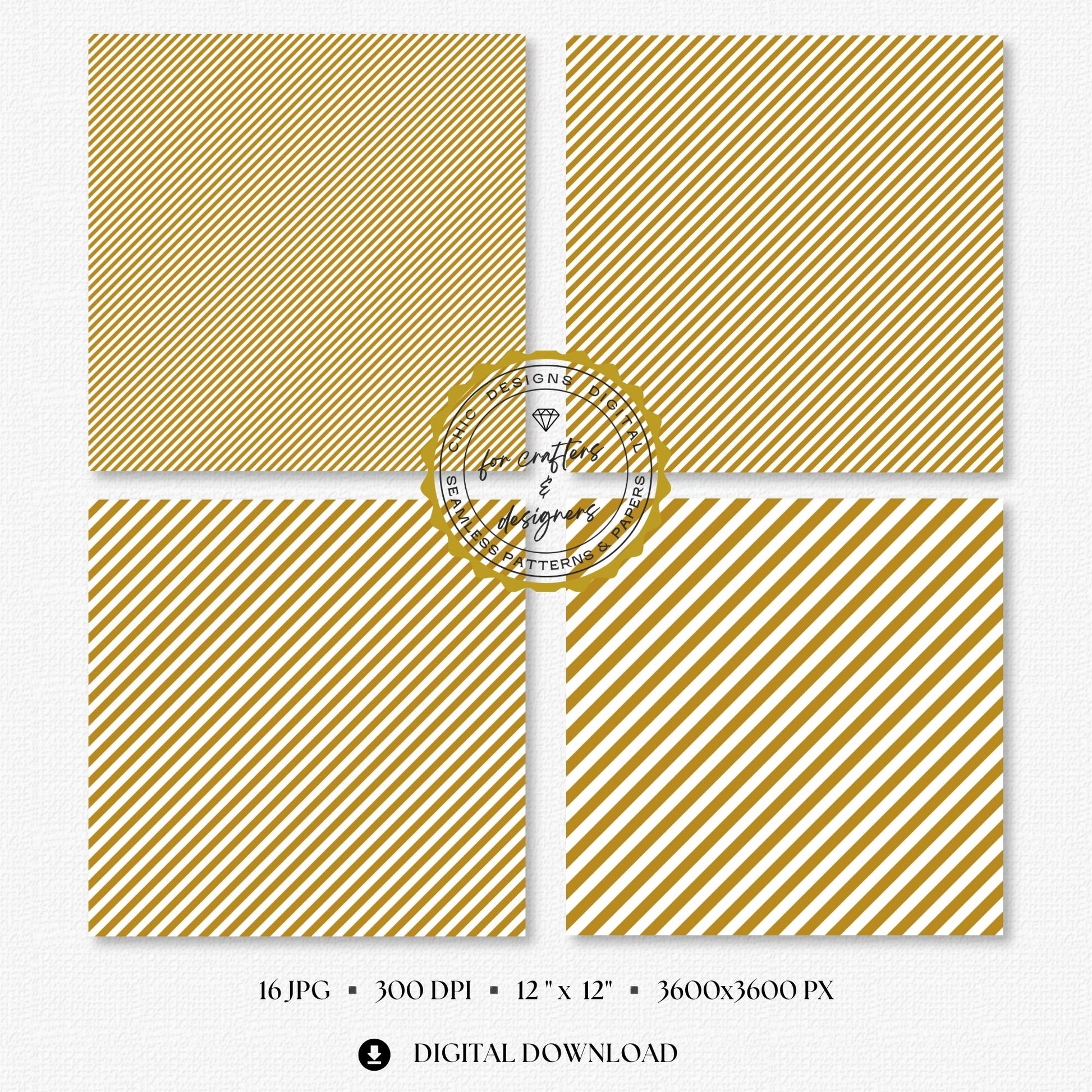 Warm mustard and white fine diagonal stripe digital papers in narrow and medium angled widths.