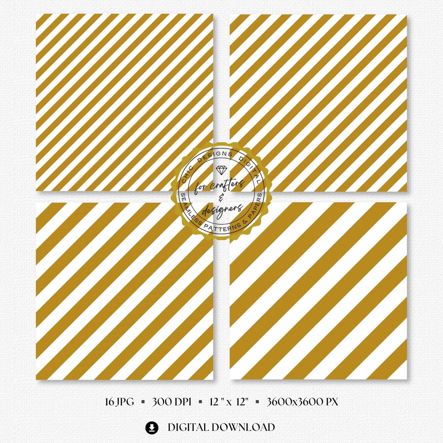 Warm mustard and white bold diagonal stripe digital papers with wider angled bands.