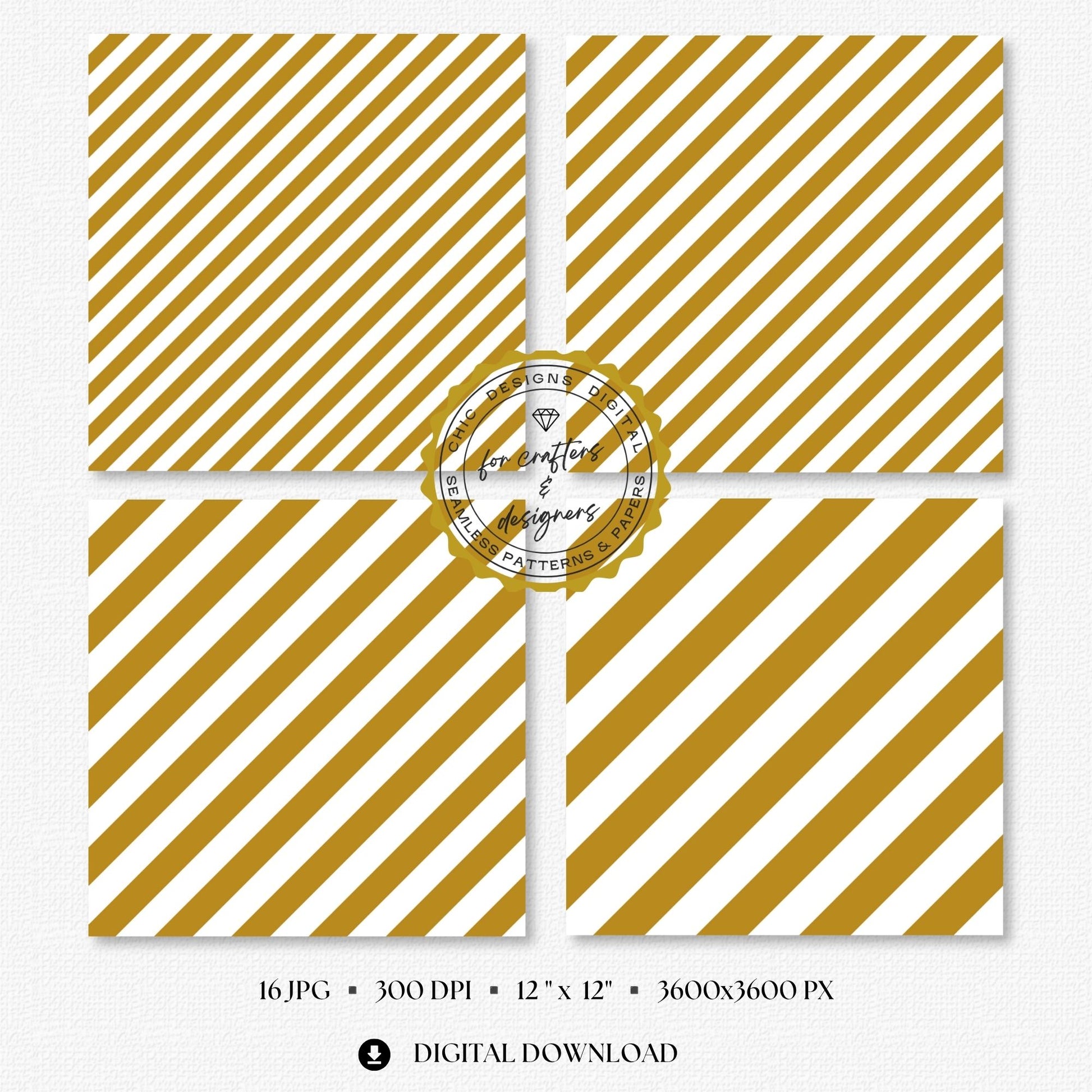 Warm mustard and white bold diagonal stripe digital papers with wider angled bands.