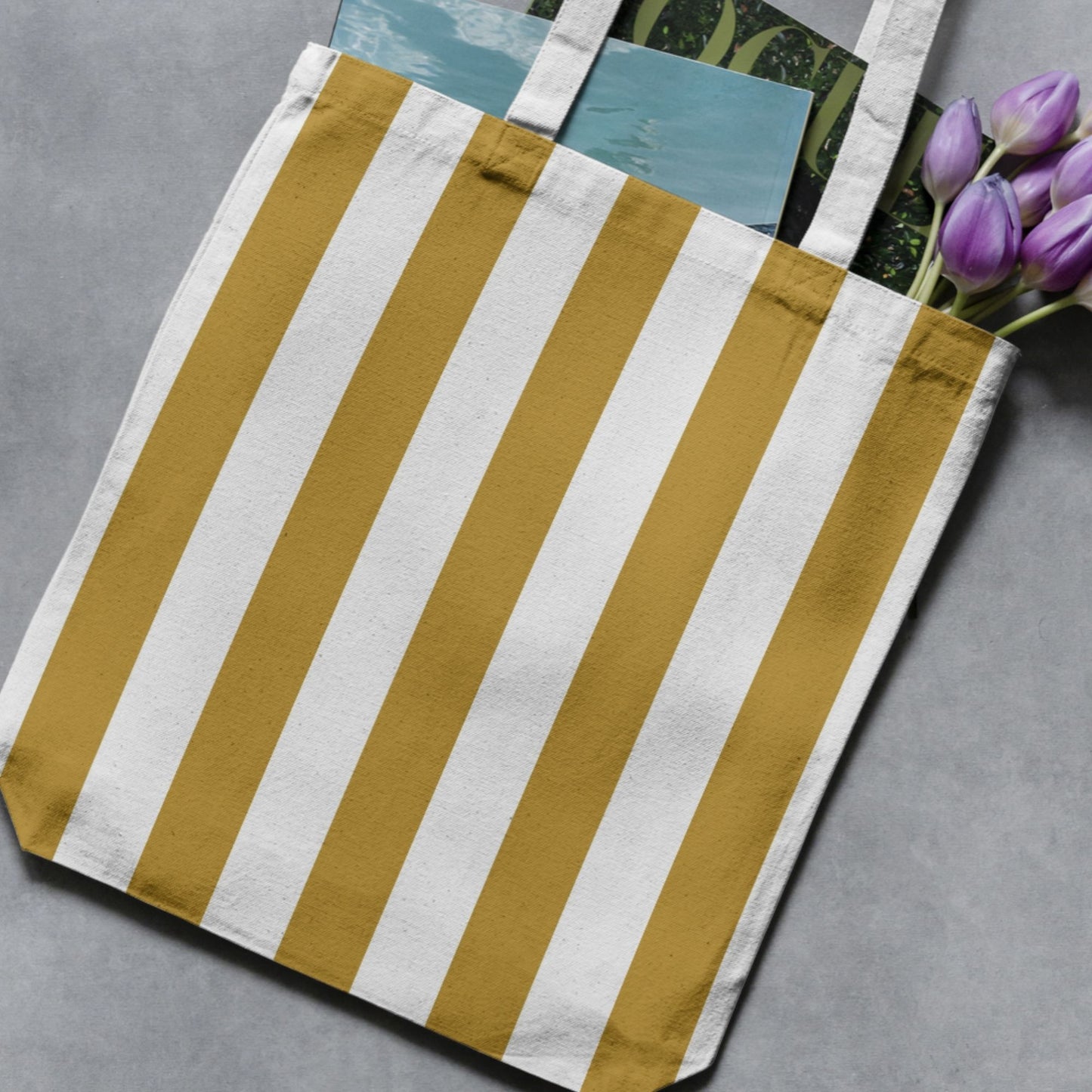 Mustard and white striped tote bag as a craft-use example for the seamless stripe paper pack.